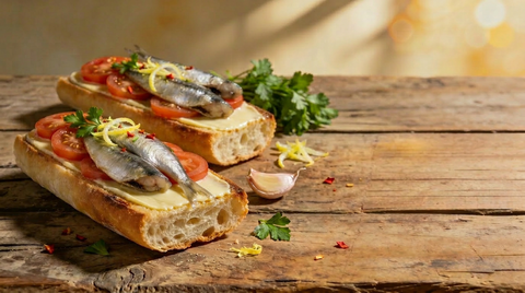 Mediterranes Knoblauch-Baguette mit feinen Sardinen