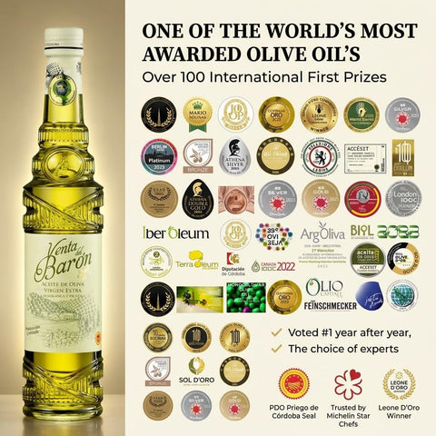 Venta del Barón natives Olivenöl extra – Flasche neben einer Übersicht internationaler Auszeichnungen