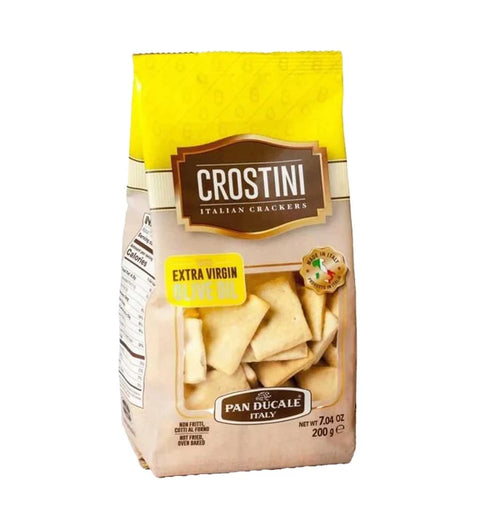 Pan Ducale Crostini al Olio di Oliva 200g – Beutel mit gelbem Kopf und Olivenöl-Crostini im Sichtfenster