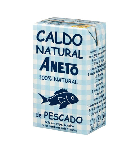 Aneto Caldo de Pescado 1 l – blau-weiß karierter Tetra Pak mit Fisch-Motiv, Fischbrühe aus Spanien