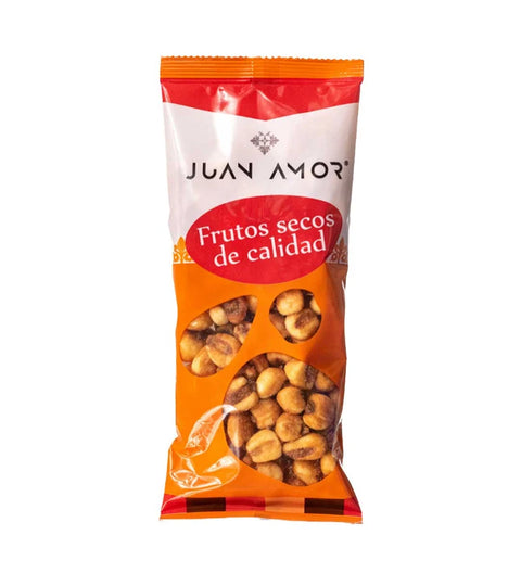 Juan Amor frittierte Riesenmaiskörner 100g – orangefarbener Beutel mit großen Maiskörnern im Sichtfenster
