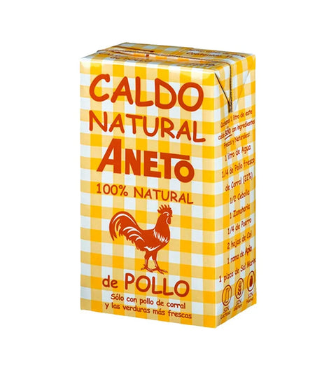 Aneto Caldo de Pollo 1 l – gelb karierter Tetra Pak mit Hahn-Motiv, Hühnerbrühe aus Spanien