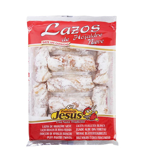 Jesús Lazos 300g – Beutel mit Blätterteigschleifen, mit Puderzucker bestäubt