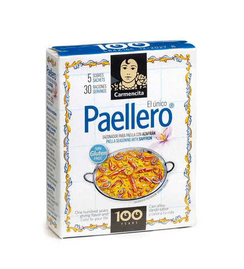Carmencita El Paellero Paellagewürz mit Safran 20g – Faltschachtel mit Azulejo-Rand und Paella-Pfanne
