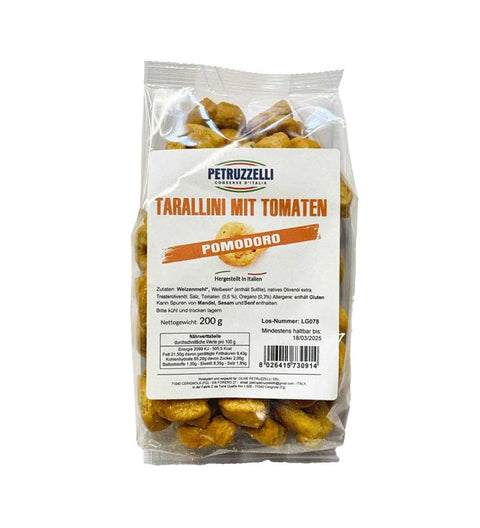 Petruzzelli Tarallini mit Tomate 200g – Klarsichtbeutel mit Etikett „Pomodoro“, Italien