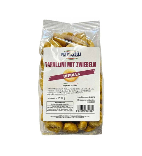 Petruzzelli Tarallini mit Zwiebel 200g – Klarsichtbeutel mit Etikett „Cipolla“, Italien