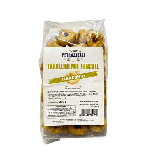 Petruzzelli Tarallini mit Fenchelsamen 200g – Klarsichtbeutel mit Etikett „Finocchio“, Apulien, Italien