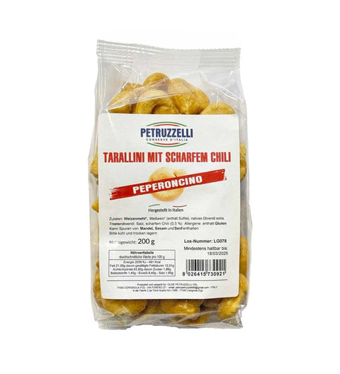 Petruzzelli Tarallini mit scharfem Chili 200g – Klarsichtbeutel mit Etikett „Peperoncino“, Italien